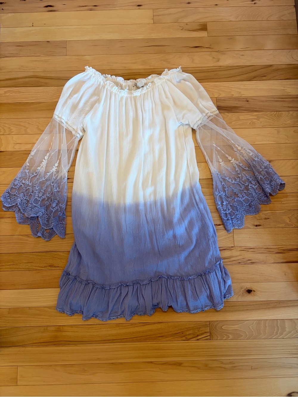 White to Lavender Ombre Lace Bell Sleeve Dress